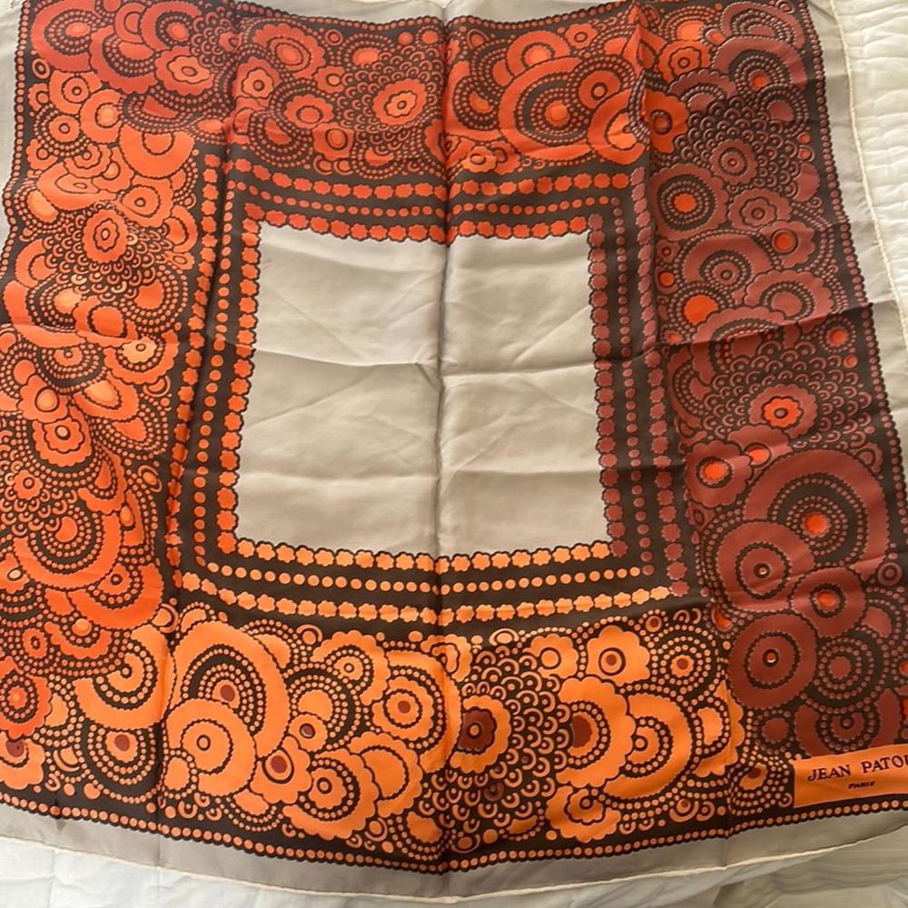 Vibrant Orange and Brown Paisley Scarf with Geometric Border